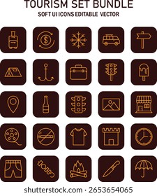 Ícone de turismo abrangente definido em tons marrons, mostrando elementos de viagem e exploração com soft ui e editável