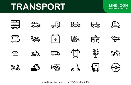 Comprehensive Transport Icon Pack. Editable, Minimalist Line Icons for Shipping, Logistics, Public Transport, and Travel Projects.