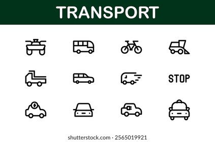 Comprehensive Transport Icon Pack. Editable, Minimalist Line Icons for Shipping, Logistics, Public Transport, and Travel Projects.