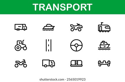 Comprehensive Transport Icon Pack. Editable, Minimalist Line Icons for Shipping, Logistics, Public Transport, and Travel Projects.