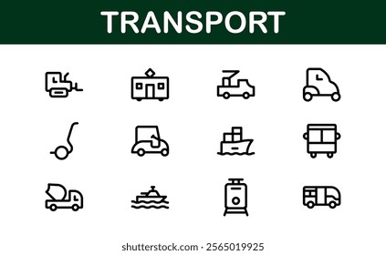 Comprehensive Transport Icon Pack. Editable, Minimalist Line Icons for Shipping, Logistics, Public Transport, and Travel Projects.