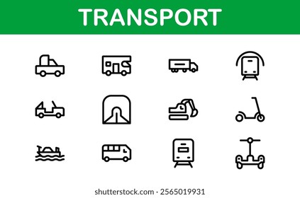 Comprehensive Transport Icon Pack. Editable, Minimalist Line Icons for Shipping, Logistics, Public Transport, and Travel Projects.