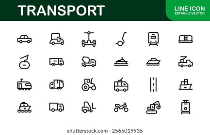 Comprehensive Transport Icon Pack. Editable, Minimalist Line Icons for Shipping, Logistics, Public Transport, and Travel Projects.