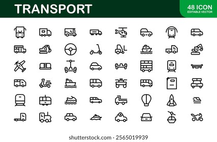 Comprehensive Transport Icon Pack. Editable, Minimalist Line Icons for Shipping, Logistics, Public Transport, and Travel Projects.