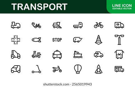 Comprehensive Transport Icon Pack. Editable, Minimalist Line Icons for Shipping, Logistics, Public Transport, and Travel Projects.
