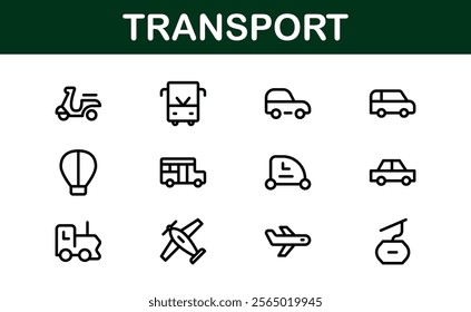 Comprehensive Transport Icon Pack. Editable, Minimalist Line Icons for Shipping, Logistics, Public Transport, and Travel Projects.