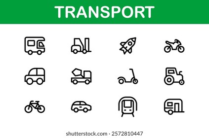 Comprehensive Transport Icon Pack. Editable, Minimalist Line Icons for Shipping, Logistics, Public Transport, and Travel Projects.