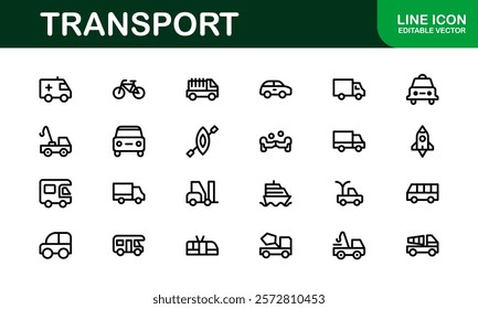 Comprehensive Transport Icon Pack. Editable, Minimalist Line Icons for Shipping, Logistics, Public Transport, and Travel Projects.