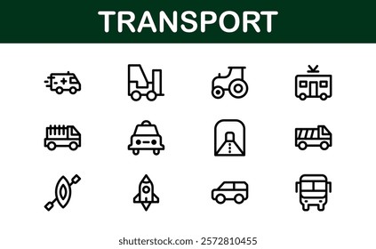 Comprehensive Transport Icon Pack. Editable, Minimalist Line Icons for Shipping, Logistics, Public Transport, and Travel Projects.
