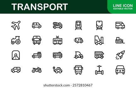 Comprehensive Transport Icon Pack. Editable, Minimalist Line Icons for Shipping, Logistics, Public Transport, and Travel Projects.