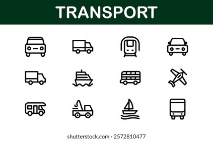 Comprehensive Transport Icon Pack. Editable, Minimalist Line Icons for Shipping, Logistics, Public Transport, and Travel Projects.