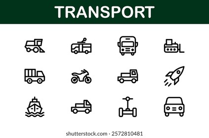 Comprehensive Transport Icon Pack. Editable, Minimalist Line Icons for Shipping, Logistics, Public Transport, and Travel Projects.