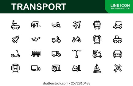 Comprehensive Transport Icon Pack. Editable, Minimalist Line Icons for Shipping, Logistics, Public Transport, and Travel Projects.