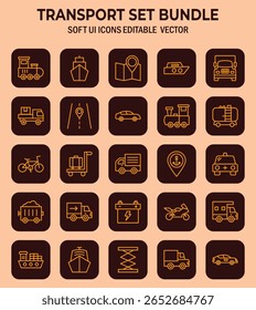 Colección completa de iconos de transporte para interfaces de usuario adaptables para diversos software de diseño y casos de uso con