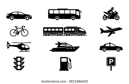 Comprehensive transportation icon set in black solid style, featuring cars, buses, motorcycles, bicycles, trains, planes, helicopters, yachts, and taxis. Also includes road signs like traffic lights, gas pumps, and parking signs for various travel projects.