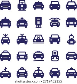 Comprehensive transportation icons set featuring vector illustrations of car, truck, bus, train, taxi, van, and ship symbols for automotive vehicle traffic and cargo travel design