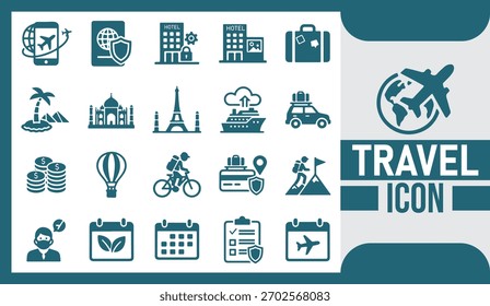 Coleção abrangente de ícones de viagem mostrando os conceitos de turismo global, exploração de aventura, transporte e estilo de vida de férias