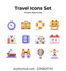 A comprehensive travel icons set featuring a backpack, compass, camera, suitcase, and minibus, symbolizing wanderlust, direction, memories, mobility, and adventure