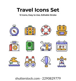 A comprehensive travel icons set featuring a backpack, compass, camera, suitcase, and minibus, symbolizing wanderlust, direction, memories, mobility, and adventure