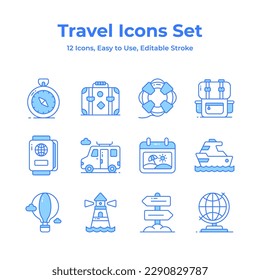 A comprehensive travel icons set featuring a backpack, compass, camera, suitcase, and minibus, symbolizing wanderlust, direction, memories, mobility, and adventure