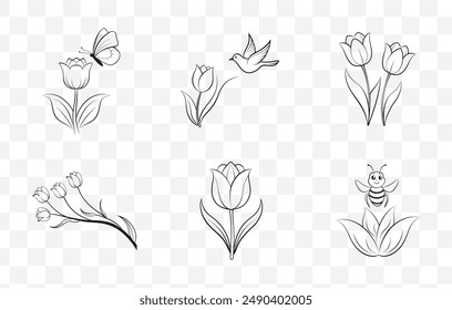 Conjunto completo de Vector de arte Tulip Line para Ilustraciones y Diseños