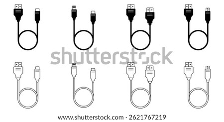 Comprehensive USB and Charging Cable Icon Set featuring vector icons of various connectors, plugs and ports for technology projects, device interfaces and digital presentations