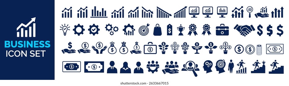 Conjunto abrangente de ícones do Business Finance do vetor. gráficos de crescimento, dinheiro, trabalho em equipe, estratégia, sucesso, investimento, corporativo, marketing, pacote de ícones financeiros. Conjunto de ícones comerciais, Conjunto de ícones comerciais.