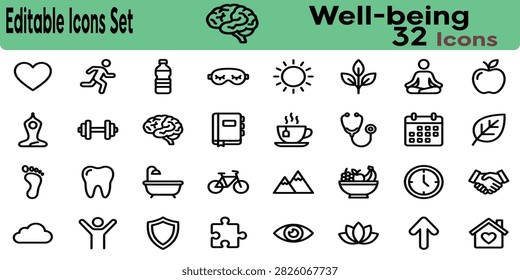A comprehensive vector collection of 32 editable line art icons focusing on well-being, health, fitness, and lifestyle. This versatile set features symbols such as a heart, running person, water bottle, sleeping mask, meditation, dumbbell, brain, apple, stethoscope, and healthy food. Perfect  design, health apps, fitness web interfaces, and wellness presentations. Isolated on a transparent background, these clean outline icons offer a professional, modern, and easily customizable aesthetic for diverse creative projects