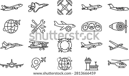 A comprehensive vector collection of aviation and aircraft outline icons. This transportation set features commercial airplanes, military jets, helicopters, drones, and airport navigation elements, perfect for travel industry and aerospace design projects.