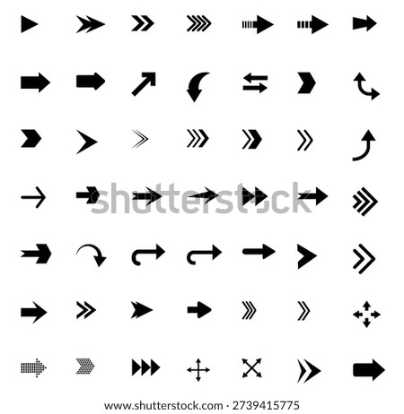 Comprehensive vector collection of black arrow icons featuring a wide variety of directional styles including straight arrows, chevrons, fast forward symbols, curved arrows, rotation arrows, turn directions, navigation pointers, diagonal arrows, multi-direction controls, and motion indicators. Designed in a clean flat monochrome style, this large arrow icon set is ideal for user interface (UI) and user experience (UX) design, web and mobile applications, dashboards, infographics, maps, presentations, software interfaces, and digital marketing materials.

The minimal black design ensures strong contrast, clarity, and professional appearance across both light and colored backgrounds. Fully scalable and editable vector format allows easy customization and resizing without loss of quality. Perfect for designers, developers, and content creators who need high-quality navigation and directional graphic elements for digital or print projects.