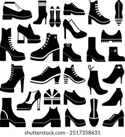 A comprehensive vector collection of black silhouettes depicting a variety of women’s footwear styles, including boots, high heels, sneakers, and formal shoes. This set is ideal for fashion-related