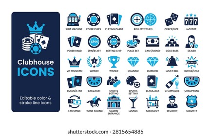 Comprehensive vector collection of blue casino gambling icons, featuring poker, roulette, dice, betting, slot machines, and luxury clubhouse elements, isolated.