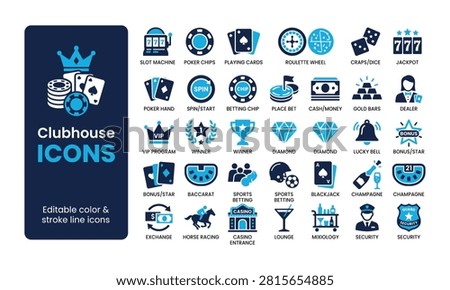 Comprehensive vector collection of blue casino gambling icons, featuring poker, roulette, dice, betting, slot machines, and luxury clubhouse elements, isolated.