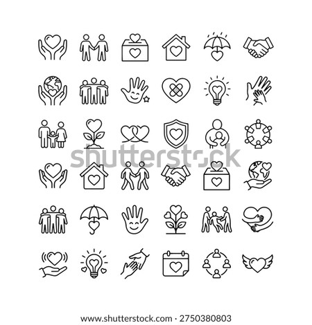 A comprehensive vector collection of charity, volunteering, and community support line icons. This minimalist outline set features symbols representing donation, empathy, global care, helping hands, family protection, child care, healing heart, charity event calendar, teamwork, and safe shelter. Perfect for NGO websites, non-profit organizations, social work graphics, and fundraising campaigns. Editable stroke