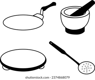 Una amplia colección vectorial de utensilios de cocina esenciales, que incluye una plancha, mortero y almirez, tablero de rodadura y skimmer de malla.