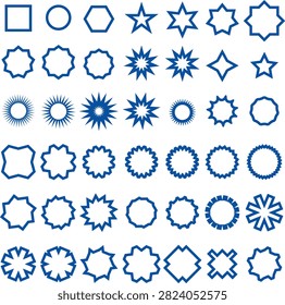 A comprehensive vector collection featuring an array of geometric shapes, abstract sunbursts, and multi-pointed star outlines isolated on a white background. This design set is rendered in clean blue lines and showcases everything from classic squares, circles, and hexagons to complex symmetrical starburst badges and serrated frames. This highly versatile graphic toolkit is perfect for creating minimalist logo badges, certificate border seals, retro sticker packs, geometric pattern overlays, and modern branding graphics.#GeometricShapes #VectorIcons #AbstractGeometry #SunburstDesign #MinimalistGraphics #StarOutlines #LogoBadges #GraphicDesignAsset #BlueLineArt #SymmetricalPatterns