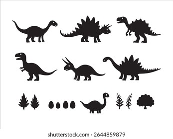 A comprehensive vector collection featuring black silhouette illustrations of prehistoric dinosaurs and related graphic design elements.