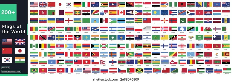 A comprehensive vector collection featuring over 200 accurately depicted national flags from countries and regions around the world. Ideal for educational materials, travel themes.