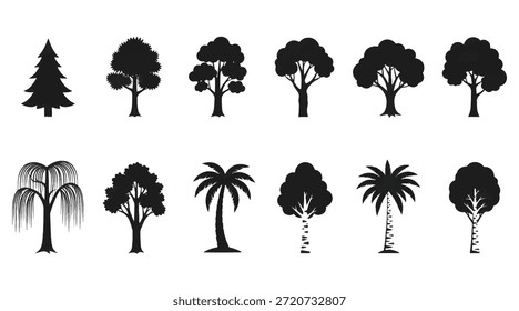 Una colección de Vector completa con doce íconos de silueta negra diferentes de varias especies de árboles comunes, aislados sobre un fondo blanco limpio.