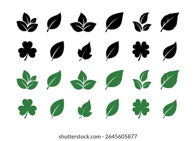 Uma coleção abrangente de vetores com várias formas e desenhos de folhas, incluindo trevo e folhas padrão, disponível em silhuetas verdes e pretas