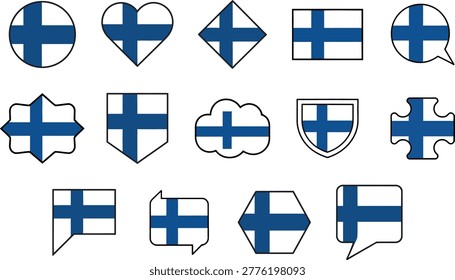 A comprehensive vector collection of the Finland national flag (Siniristilippu) adapted into various geometric and creative shapes with clean black outlines. This set features the blue Nordic cross on a white field within a circle, heart, shield, diamond, hexagon, star, and multiple speech bubble variations. These high-quality flat icons are perfect for Finnish travel guides, Scandinavian cultural projects, European sports events.