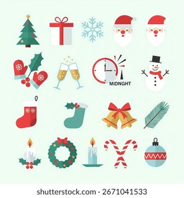 Uma coleção de vetor abrangente de ícones de Natal e Ano Novo de estilo plano.