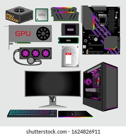 Comprehensive vector collection of a high-end gaming station. Features a computer tower with glass panel and RGB components, dual curved monitors, backlit mechanical keyboard, ergonomic gaming mouse, and professional headset in a sleek flat design style.