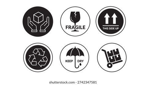 Comprehensive vector collection of international shipping and packaging handling instructions. Fragile, This Side Up, Keep Dry, Recycle, Handle With Care.