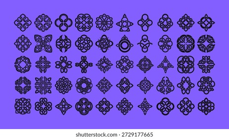 Una completa colección de Vector de intrincados diseños de nudos celtas negros sobre un vibrante fondo púrpura. Perfecto para añadir un toque de cultura tradicional irlandesa y escocesa a cualquier proyecto de Diseño gráfico, desde logotipos hasta patrones.