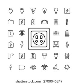 Uma abrangente coleção vetorial de ícones de arte de linha representando vários aspectos de energia elétrica, fonte de alimentação e carregamento, ideal para tecnologia e utilitários temas e aplicativos.