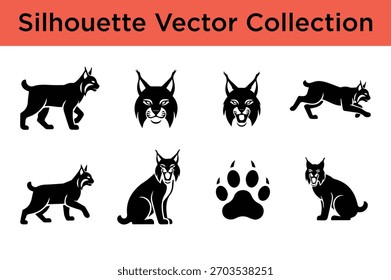 A comprehensive vector collection of lynx silhouettes, showcasing various poses, head profiles, and a distinct paw print, perfect for design.