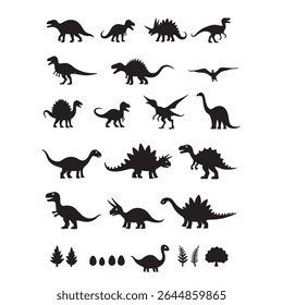 A comprehensive vector collection presents black silhouette illustrations of various dinosaur species set against nature elements.