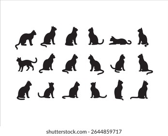 A comprehensive vector collection presents detailed black cat silhouettes in various poses. 