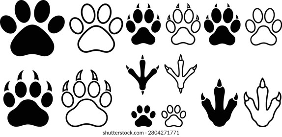 A comprehensive vector collection showcasing a wide variety of animal footprints, bird tracks, and wildlife paw prints in both solid and outline styles.
